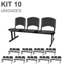 Kit 10 Cadeiras Longarinas PLÁSTICA 03 Lugares – Cor PRETO 33039 RM MÓVEIS