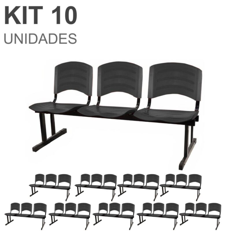 Kit 10 Cadeiras Longarinas PLÁSTICA 03 Lugares – Cor PRETO 33039 RM MÓVEIS 2