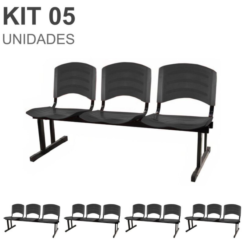 Kit 05 Cadeiras Longarinas PLÁSTICA 03 Lugares – Cor PRETO 33034 RM MÓVEIS 2