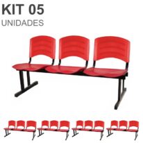 Kit 05 Cadeiras Longarinas PLÁSTICAS 03 Lugares – Cor Vermelho 33043 RM MÓVEIS