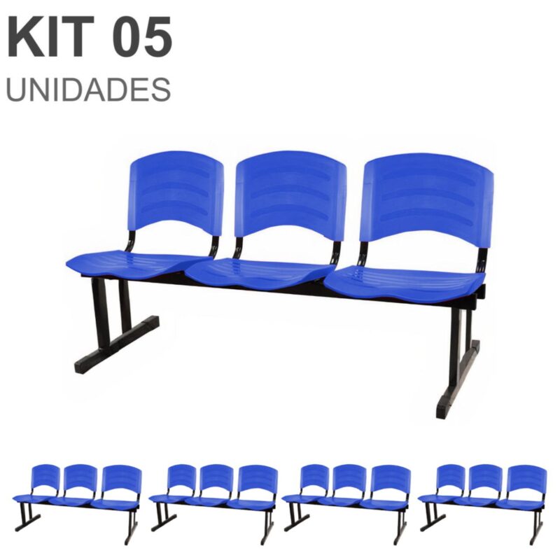 Kit 05 Cadeiras Longarinas PLÁSTICAS 03 Lugares – Cor Azul 33052 RM MÓVEIS 2