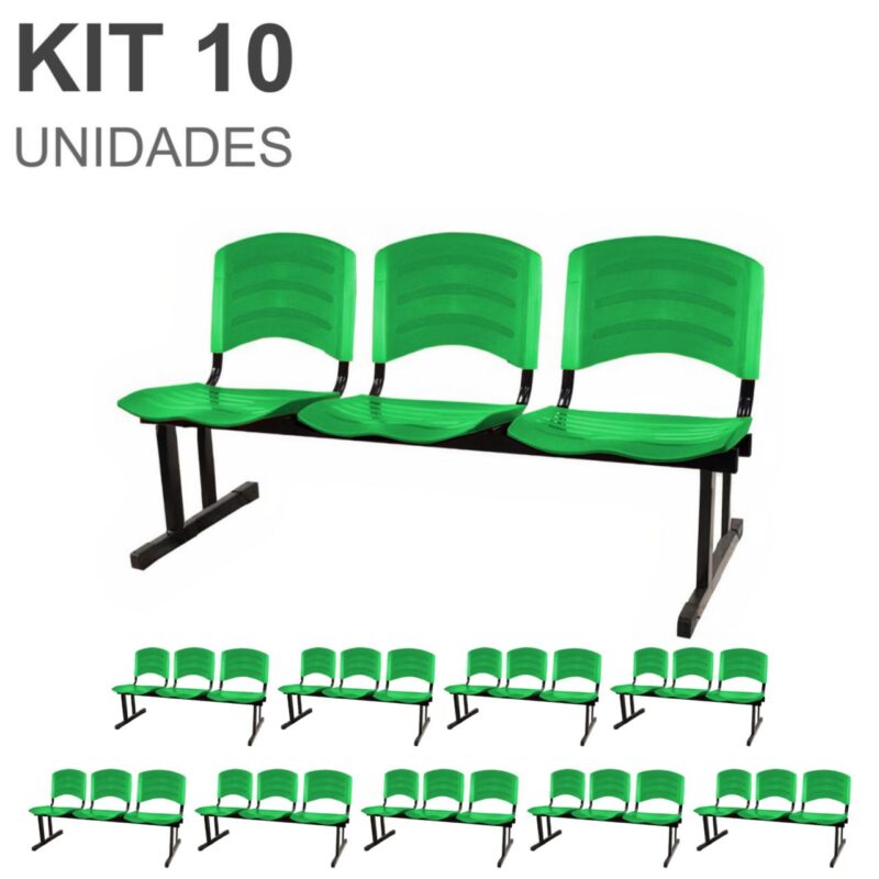 Kit 10 Cadeiras Longarinas PLÁSTICAS 03 Lugares – Cor Verde 33066 RM MÓVEIS 2