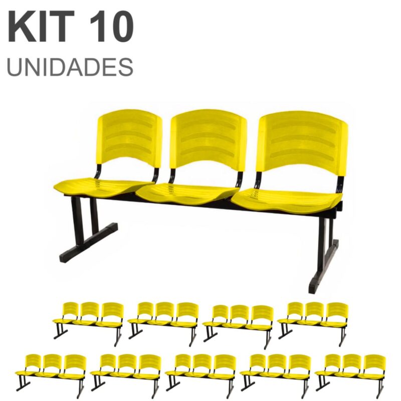 Kit 10 Cadeiras Longarinas PLÁSTICAS 03 Lugares – Cor Amarelo 33085 RM MÓVEIS 2