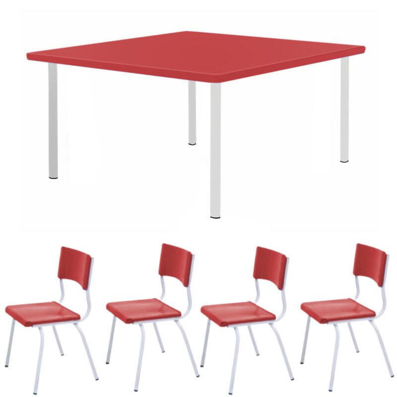 Conjunto Quadrado c/ 04 Cadeiras COR VERMELHO – TAMPO PLÁSTICO – 02 a 06 Anos – INFANTIL – 44001 RM MÓVEIS 2