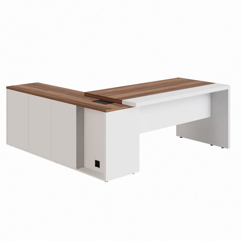 Mesa Escritório PRESIDENTE c/ Armário Pedestal – 1,82×1,80m – NOGAL SEVILHA/BRANCO – 34602 RM MÓVEIS 2