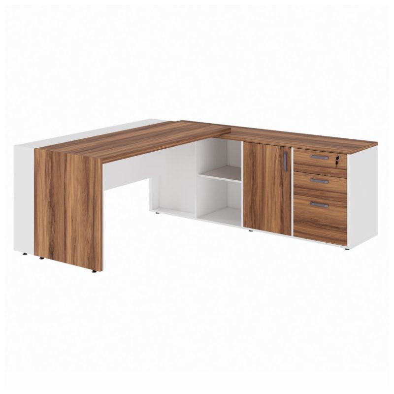 Mesa Escritório PRESIDENTE c/ Armário Pedestal – 1,82×1,80m – NOGAL SEVILHA/BRANCO – 34602 RM MÓVEIS 3