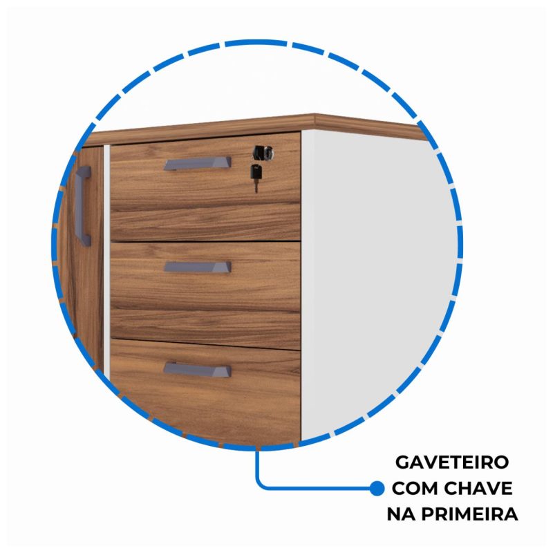 Mesa Escritório PRESIDENTE c/ Armário Pedestal – 1,82×1,80m – NOGAL SEVILHA/BRANCO – 34602 RM MÓVEIS 6