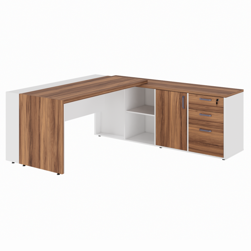 Mesa Escritório PRESIDENTE c/ Armário Pedestal – 1,82×1,80m – NOGAL SEVILHA/BRANCO – 34602 RM MÓVEIS 5