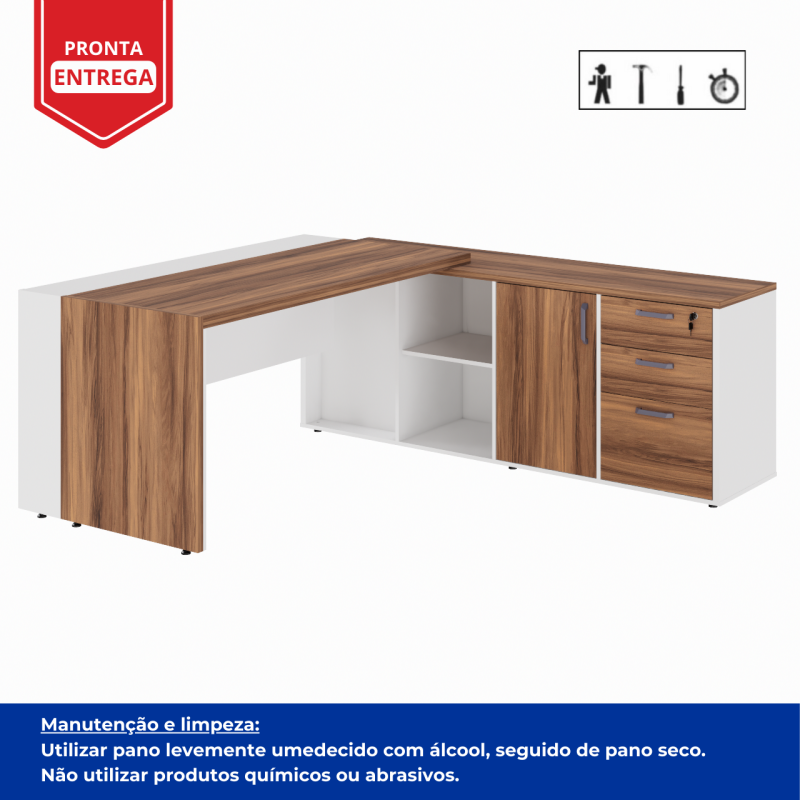 Mesa Escritório PRESIDENTE c/ Armário Pedestal – 1,82×1,80m – NOGAL SEVILHA/BRANCO – 34602 RM MÓVEIS 4