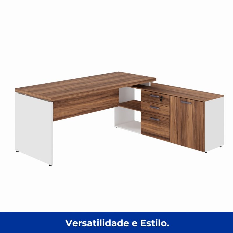 Mesa Diretorzinha c/ Aparador – Pé de MADEIRA – 1,90×1,50m – NOGAL SEVILHA / BRANCO – 34426 RM MÓVEIS 4