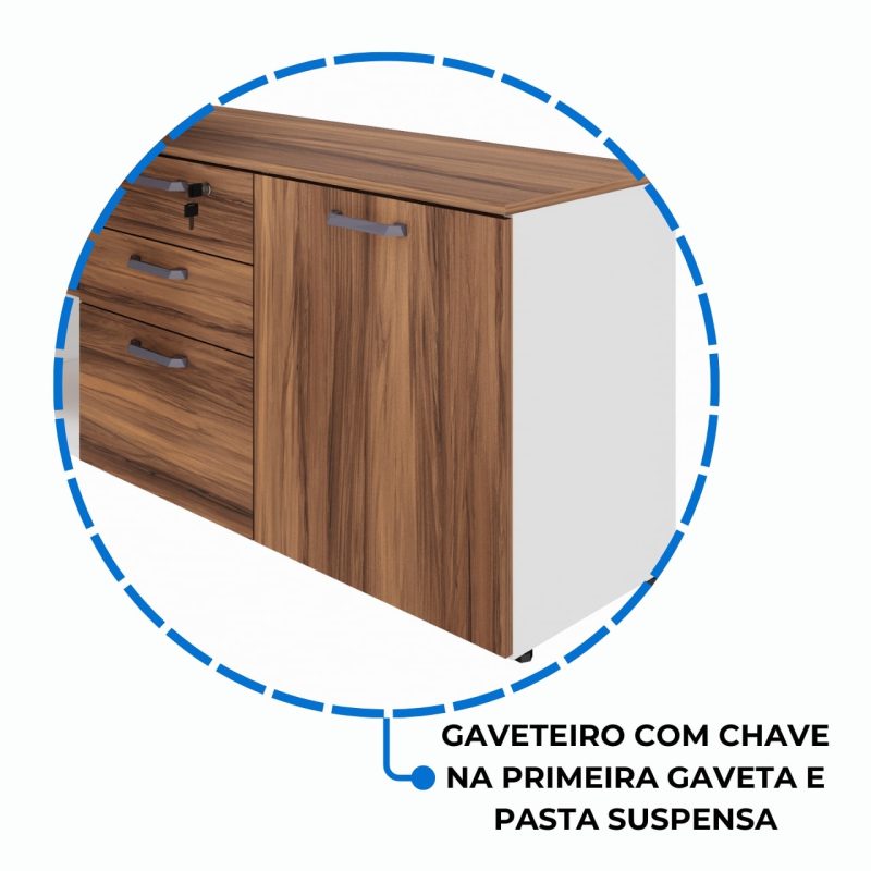 Mesa Diretorzinha c/ Aparador – Pé de MADEIRA – 1,90×1,50m – NOGAL SEVILHA / BRANCO – 34426 RM MÓVEIS 7