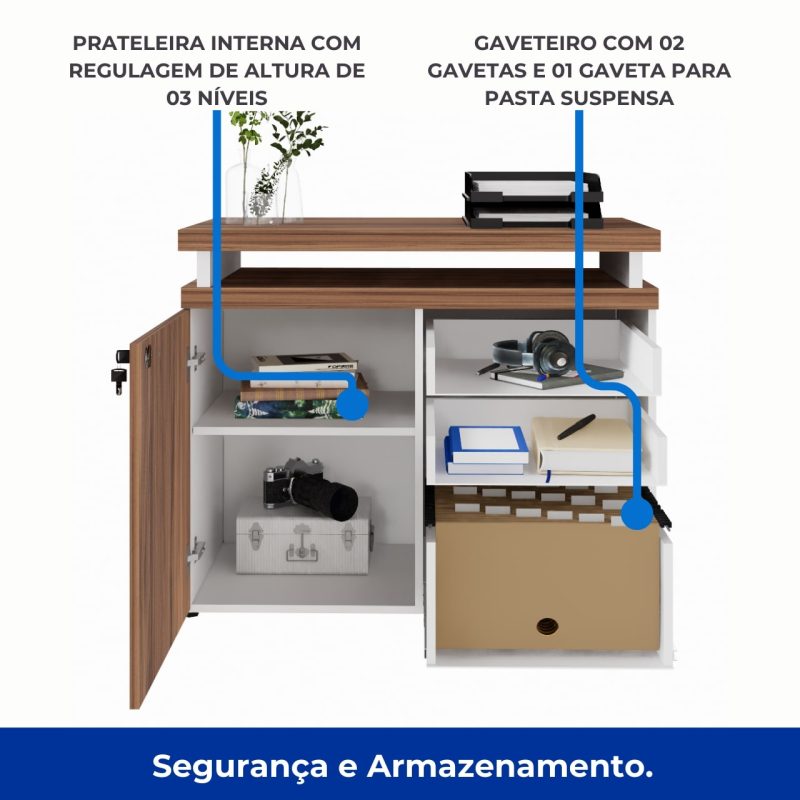 Armário Baixo 03 Gavetas e Porta (MISTO) – NOGAL SEVILHA/BRANCO – 34422 RM MÓVEIS 3