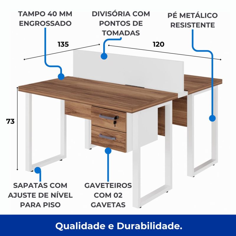 Estação de Trabalho Dupla 1,20×1,35m c/ 02 Gavetas c/ ponto de tomada PÉ QUADRO – Cor Nogal Sevilha/Branco – 34423 RM MÓVEIS 7