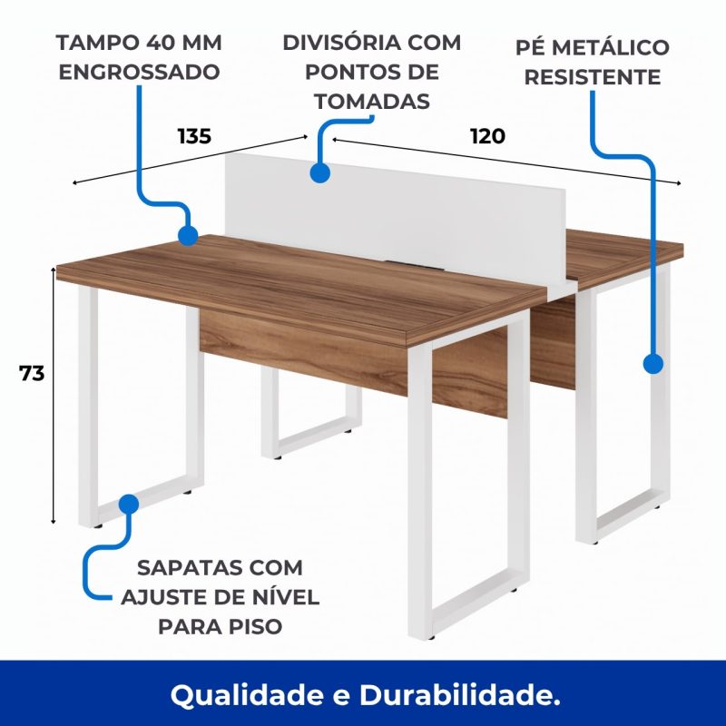 Estação de Trabalho Dupla 1,20×1,35m sem Gavetas c/ ponto de tomada PÉ QUADRO – Cor Nogal Sevilha/Branco – 34424 RM MÓVEIS 4