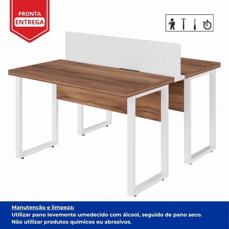 Estação de Trabalho Dupla 1,20×1,35m sem Gavetas c/ ponto de tomada PÉ QUADRO – Cor Nogal Sevilha/Branco – 34424 RM MÓVEIS 6