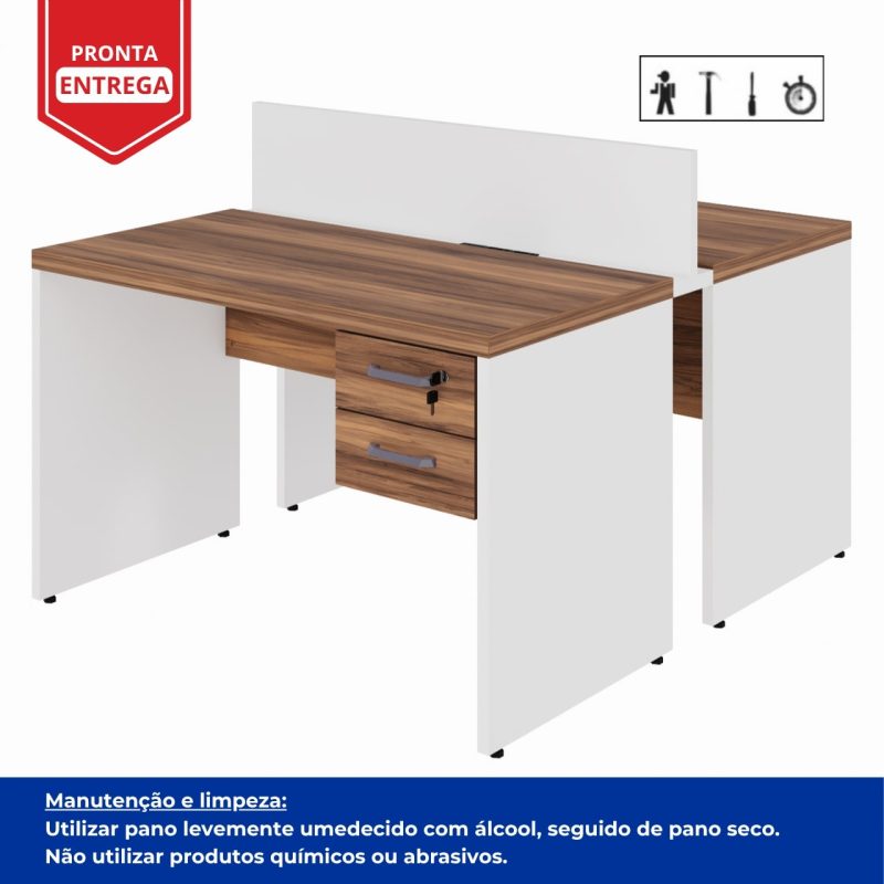 Estação de Trabalho Dupla 1,20×1,35m 02 Lugares c/ Gavetas c/ ponto de tomada PÉ PAINEL – Nogal Sevilha/Branco – 34427 RM MÓVEIS 4