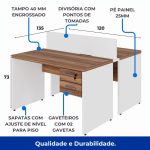 Estação de Trabalho Dupla 1,20×1,35m 02 Lugares c/ Gavetas c/ ponto de tomada PÉ PAINEL – Nogal Sevilha/Branco – 34427 RM MÓVEIS 19