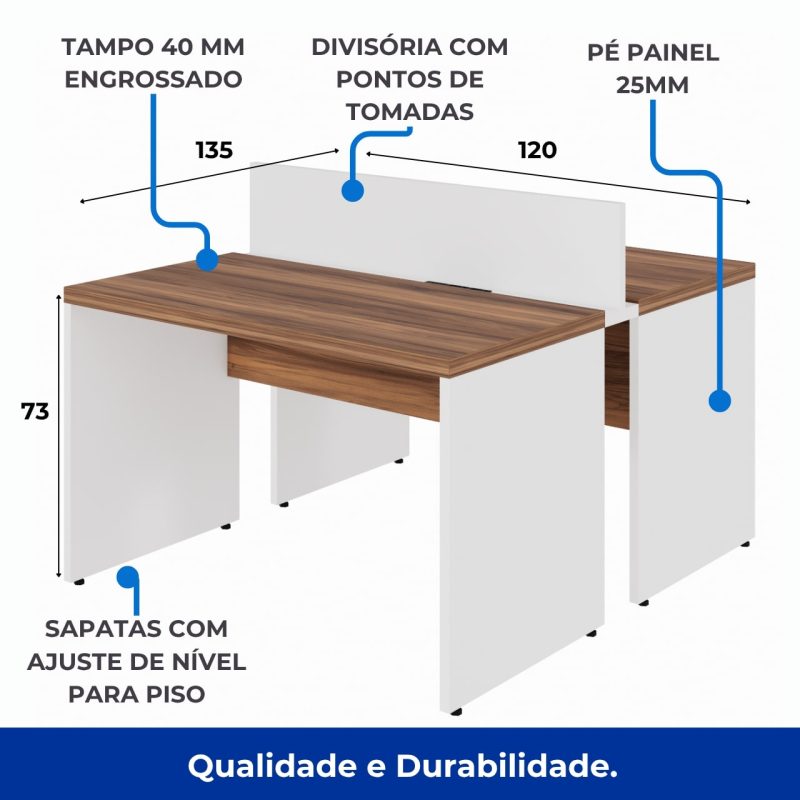 Estação de Trabalho Dupla 1,20×1,35m 02 Lugares sem Gavetas c/ ponto de tomada PÉ PAINEL – Nogal Sevilha/Branco – 34428 RM MÓVEIS 9