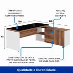 Mesa Diretorzinha c/ Aparador e Vidro Fumê – Pé de MADEIRA – 1,90×1,50m – NOGAL SEVILHA / BRANCO – 34429 RM MÓVEIS 11