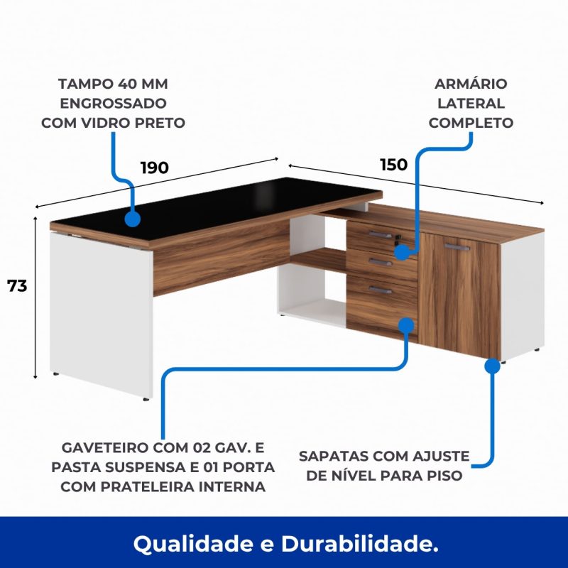 Mesa Diretorzinha c/ Aparador e Vidro Fumê – Pé de MADEIRA – 1,90×1,50m – NOGAL SEVILHA / BRANCO – 34429 RM MÓVEIS 3