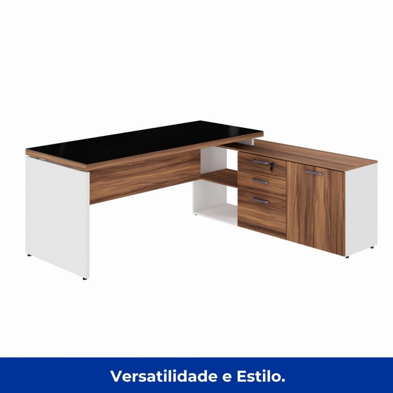 Mesa Diretorzinha c/ Aparador e Vidro Fumê – Pé de MADEIRA – 1,90×1,50m – NOGAL SEVILHA / BRANCO – 34429 RM MÓVEIS 4