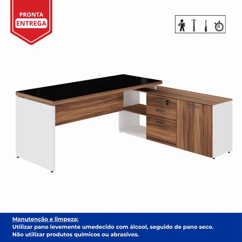 Mesa Diretorzinha c/ Aparador e Vidro Fumê – Pé de MADEIRA – 1,90×1,50m – NOGAL SEVILHA / BRANCO – 34429 RM MÓVEIS 6