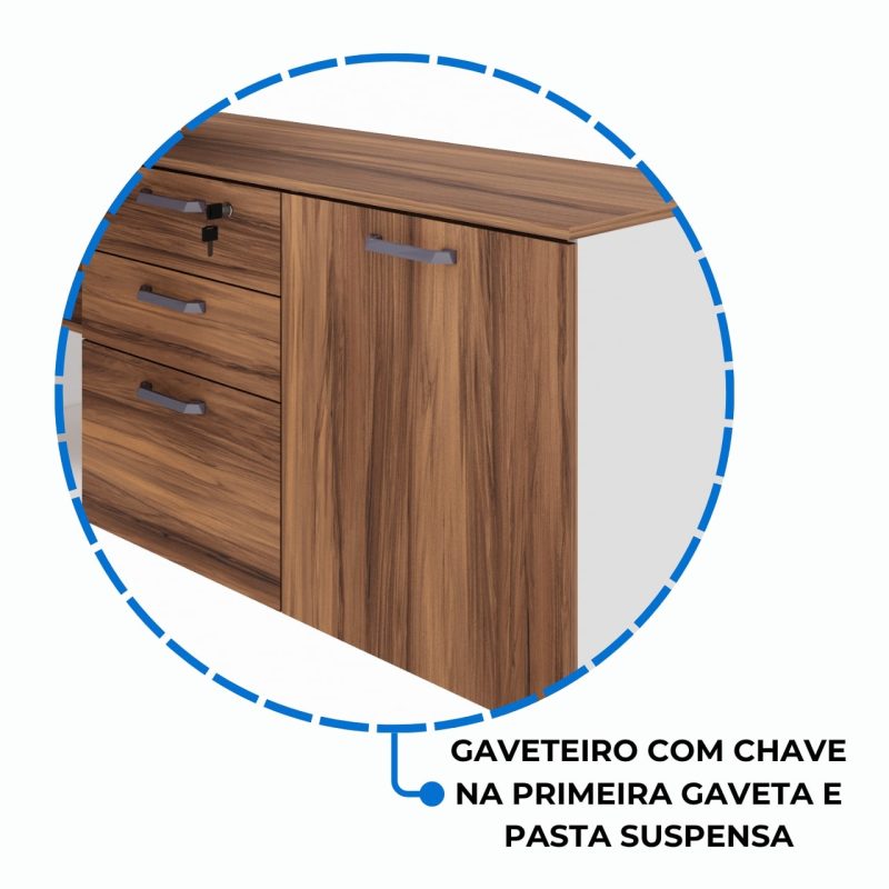 Mesa Diretorzinha c/ Aparador e Vidro Fumê – Pé de MADEIRA – 1,90×1,50m – NOGAL SEVILHA / BRANCO – 34429 RM MÓVEIS 9