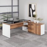 Mesa Diretorzinha c/ Aparador e Vidro Fumê – Pé de MADEIRA – 1,90×1,50m – NOGAL SEVILHA / BRANCO – 34429 RM MÓVEIS 18