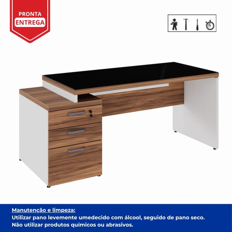Mesa para Escritório com VIDRO FUMÊ – 1,92×0,70m – NOGAL SEVILHA/BRANCO – 34430 RM MÓVEIS 6