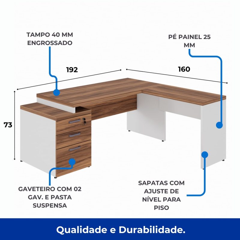 Mesa para Escritório em “L” com Gavetão – 1,92X1,60m -NOGAL SEVILHA/BRANCO – 34431 RM MÓVEIS 3