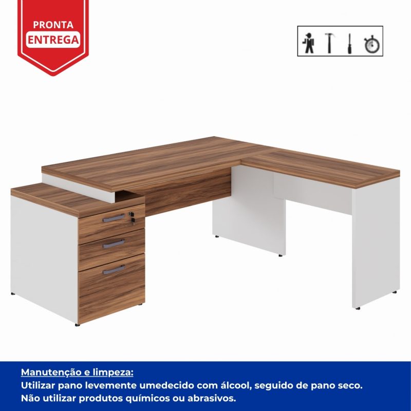 Mesa para Escritório em “L” com Gavetão – 1,92X1,60m -NOGAL SEVILHA/BRANCO – 34431 RM MÓVEIS 4