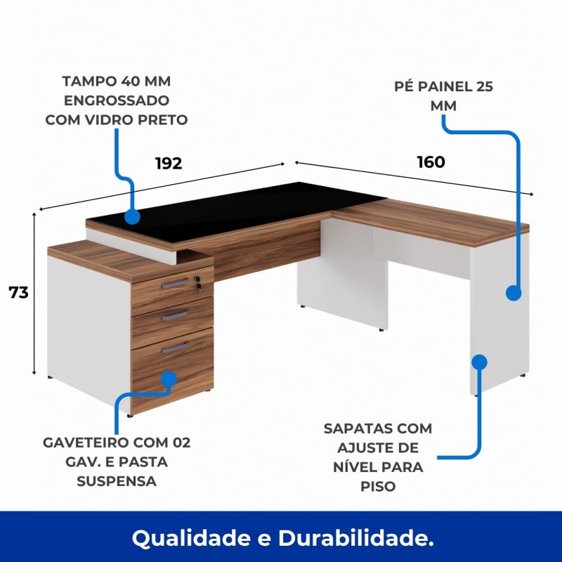 Mesa para Escritório em “L” com VIDRO FUMÊ – 1,92X1,60M NOGAL SEVILHA/BRANCO – 34432 RM MÓVEIS 3