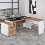Mesa para Escritório em “L” com VIDRO FUMÊ – 1,92X1,60M NOGAL SEVILHA/BRANCO – 34432 RM MÓVEIS 12