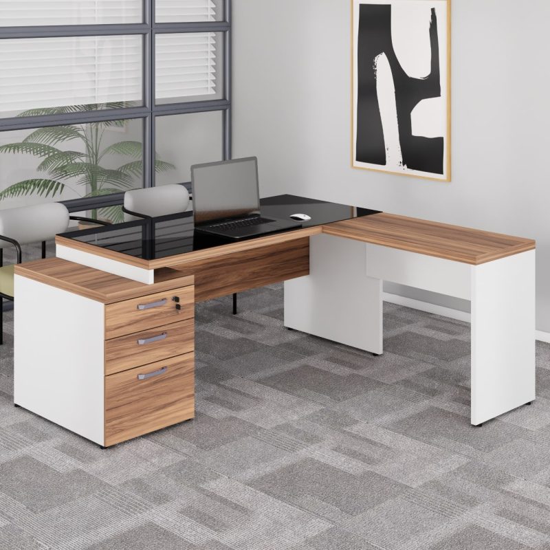 Mesa para Escritório em “L” com VIDRO FUMÊ – 1,92X1,60M NOGAL SEVILHA/BRANCO – 34432 RM MÓVEIS 4