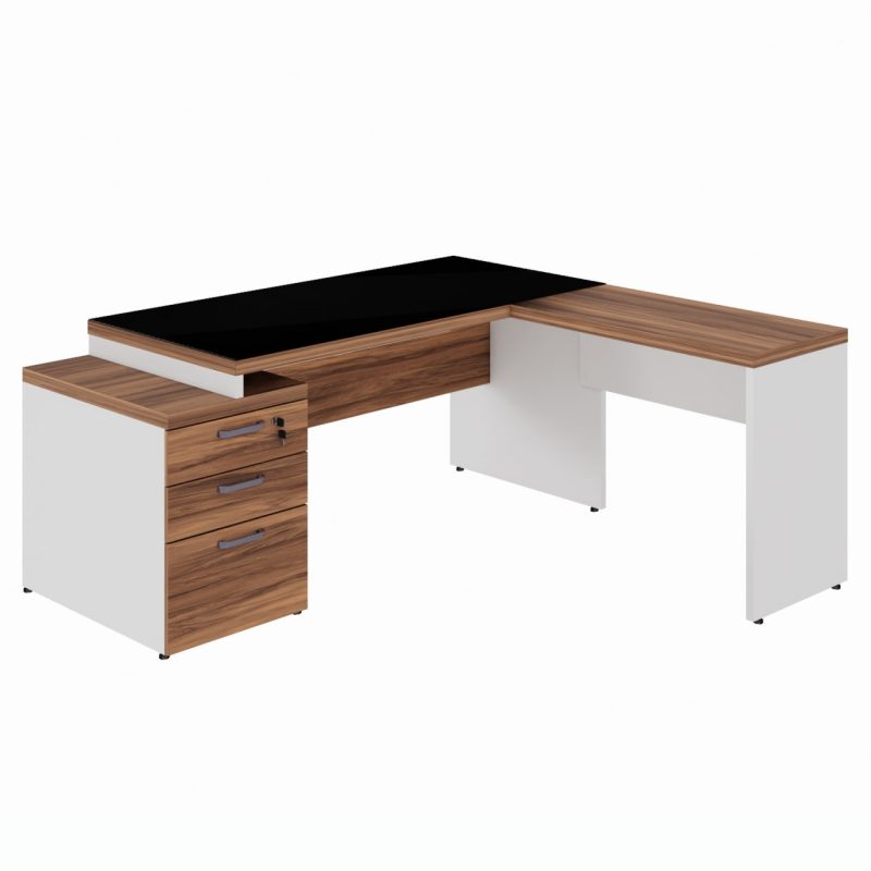 Mesa para Escritório em “L” com VIDRO FUMÊ – 1,92X1,60M NOGAL SEVILHA/BRANCO – 34432 RM MÓVEIS 2