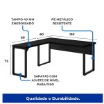 Mesa em L PÉ QUADRO (1,50×0,60m + Mesa Auxiliar) – S/ Gavetas – PRETO / PRETO – 26010 RM MÓVEIS 14