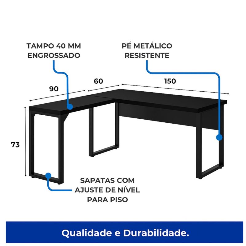 Mesa em L PÉ QUADRO (1,50×0,60m + Mesa Auxiliar) – S/ Gavetas – PRETO / PRETO – 26010 RM MÓVEIS 6