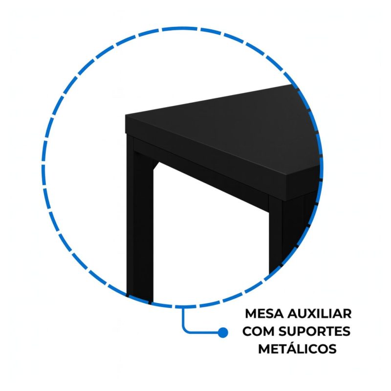 Mesa em L PÉ QUADRO (1,50×0,60m + Mesa Auxiliar) – S/ Gavetas – PRETO / PRETO – 26010 RM MÓVEIS 9