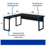 Mesa em L PÉ QUADRO (1,70×0,70m + Mesa Auxiliar) – S/ Gavetas – PRETO / PRETO – 26011 RM MÓVEIS 14
