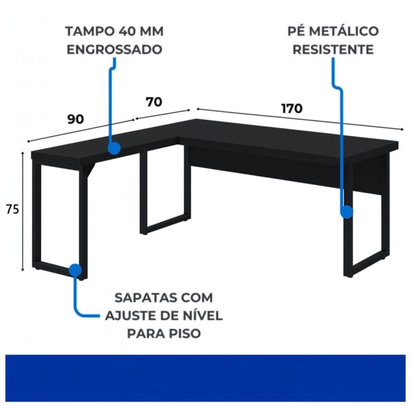 Mesa em L PÉ QUADRO (1,70×0,70m + Mesa Auxiliar) – S/ Gavetas – PRETO / PRETO – 26011 RM MÓVEIS 6