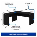 Mesa em L PÉ PAINEL (1,50×0,60m + Mesa Auxiliar) – S/ Gavetas – PRETO / PRETO – 26012 RM MÓVEIS 14