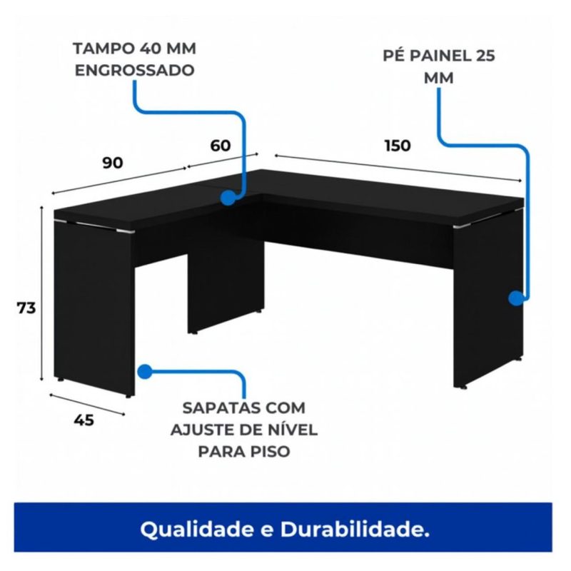 Mesa em L PÉ PAINEL (1,50×0,60m + Mesa Auxiliar) – S/ Gavetas – PRETO / PRETO – 26012 RM MÓVEIS 6