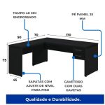 Mesa em L PÉ PAINEL (1,70×0,70m + Mesa Auxiliar) – S/ Gavetas – PRETO / PRETO – 26013 RM MÓVEIS 16