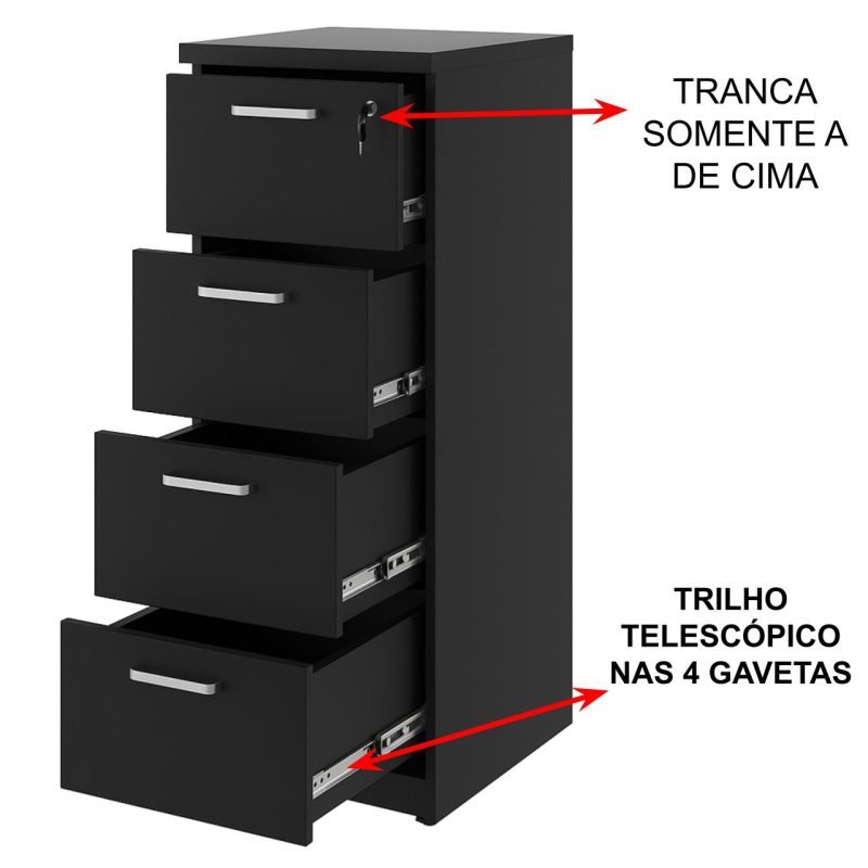Arquivo de Madeira para Pasta Suspensa com 4 Gavetas – MDP PRETO – 26035 RM MÓVEIS 4